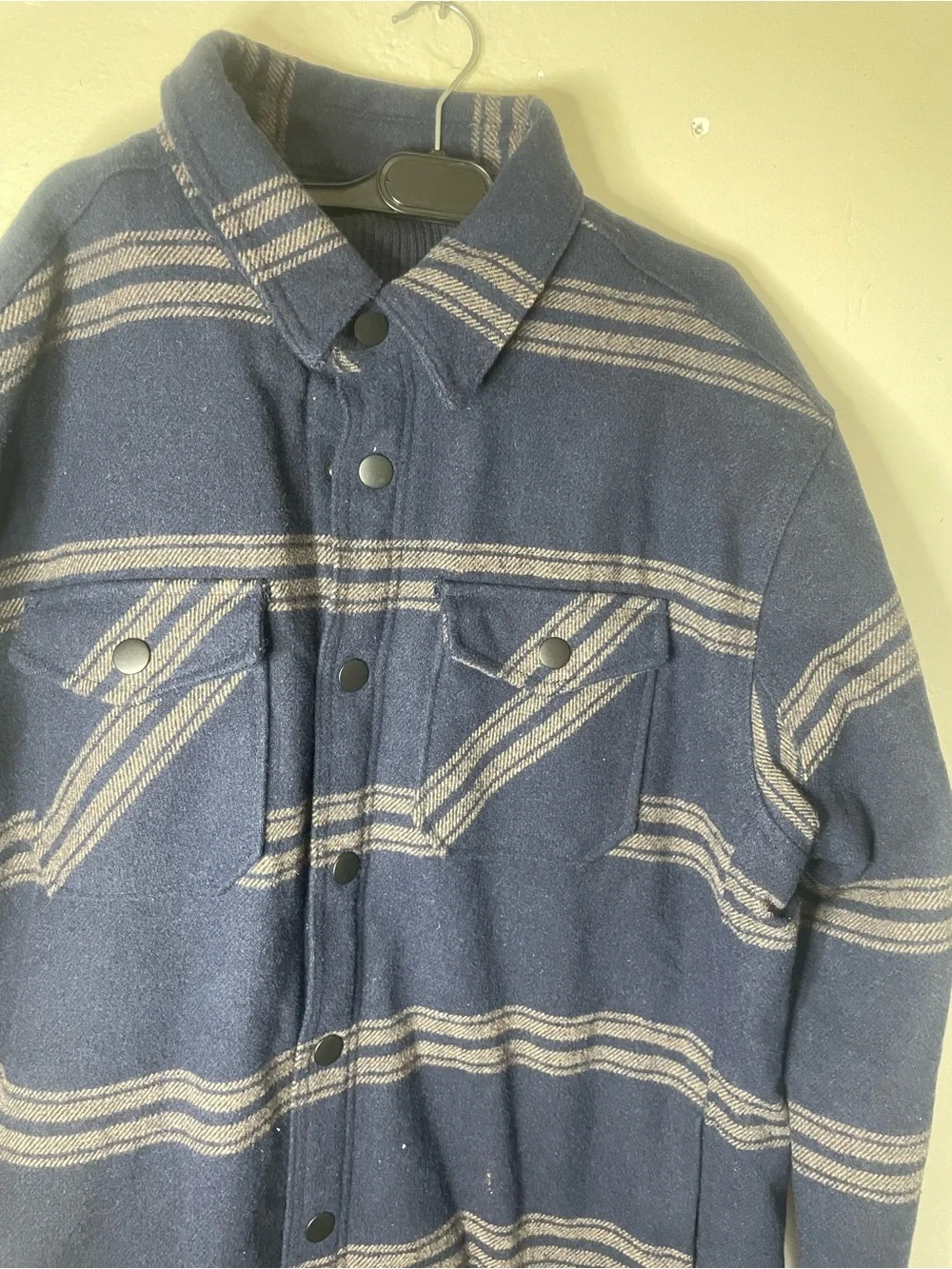 JACHS New York Men's XL Blue Striped Sherpa Lined Snap Button Jacket Pockets